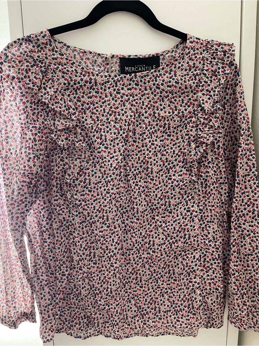 J. Crew Factory Floral Ruffle Long-Sleeve Blouse in Cream, Red and Navy